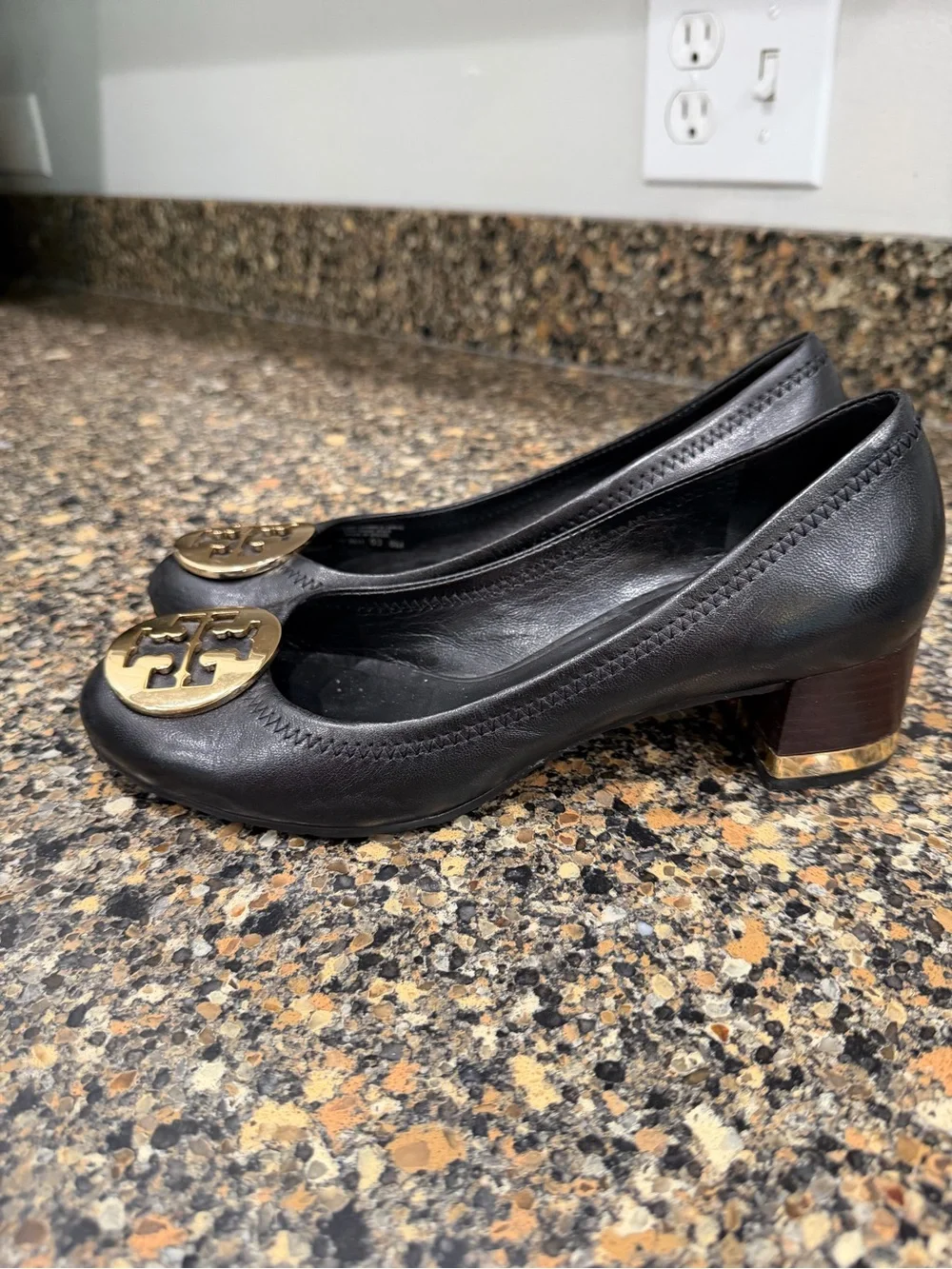 Tory Burch Black Leather Block Heel Ballet Pump with Gold Logo 6